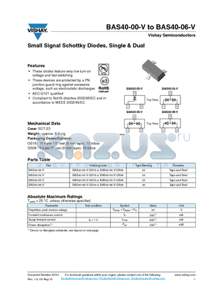 BAS40-06-V datasheet - Small Signal Schottky Diodes, Single & Dual
