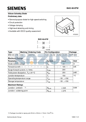 BAS40-07W datasheet - Silicon Schottky Diode Preliminary data (General-purpose diode for high-speed switching Circuit protection Voltage clamping)