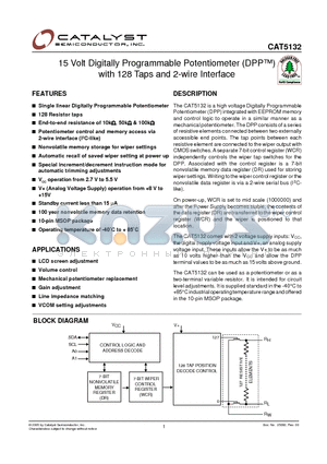 CAT5132 datasheet - 15 Volt Digitally Programmable Potentiometer (DPP) with 128 Taps and 2-wire Interface