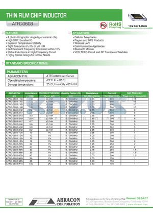 ATFC-0603-10N-FT datasheet - THIN FILM CHIP INDUCTOR
