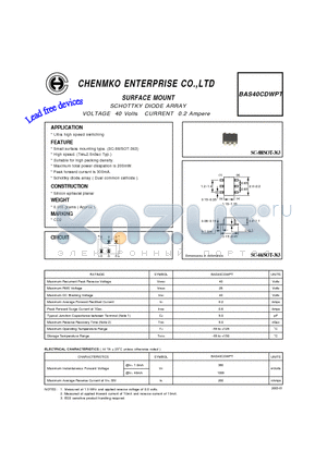 BAS40CDWPT datasheet - SCHOTTKY DIODE ARRAY VOLTAGE 40 Volts CURRENT 0.2 Ampere