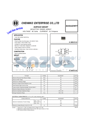 BAS40DWPT datasheet - SCHOTTKY DIODE ARRAY VOLTAGE 40 Volts CURRENT 0.2 Ampere