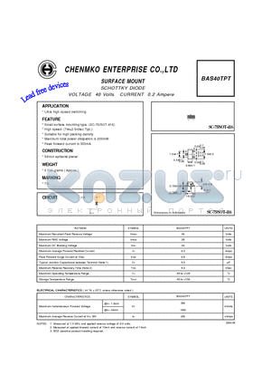 BAS40TPT datasheet - SCHOTTKY DIODE VOLTAGE 40 Volts CURRENT 0.2 Ampere