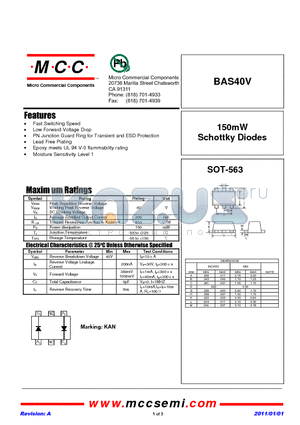 BAS40V datasheet - 150mW Schottky Diodes