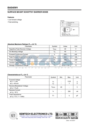 BAS40W1 datasheet - SURFACE MOUNT SCHOTTKY BARRIER DIODE