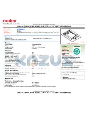 0475969914 datasheet - LGA 1156 ILM and Back-plate Assembly for Desktop PC, Shepherd Hook Lever, Leadfree