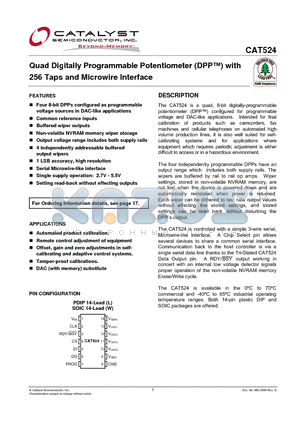 CAT524 datasheet - Quad Digitally Programmable Potentiometer (DPP) with 256 Taps and Microwire Interface