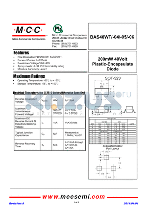 BAS40WT datasheet - 200mW 40Volt Plastic-Encapsulate Diode