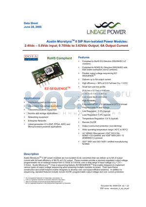 ATH006A0X datasheet - 2.4 - 5.5Vdc input; 0.75Vdc to 3.63Vdc Output; 6A output current