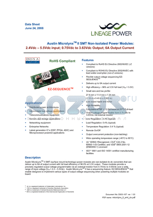 ATH006A0X-SR datasheet - 2.4 - 5.5Vdc input; 0.75Vdc to 3.63Vdc Output; 6A output current