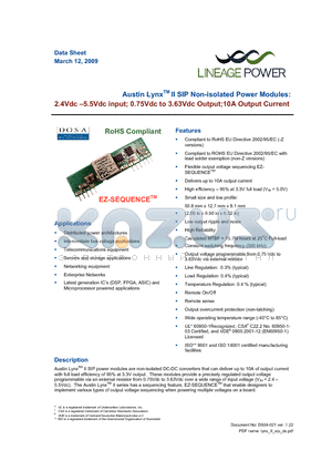 ATH010A0X3 datasheet - 2.4 - 5.5Vdc input; 0.75Vdc to 3.63Vdc Output; 10A output current
