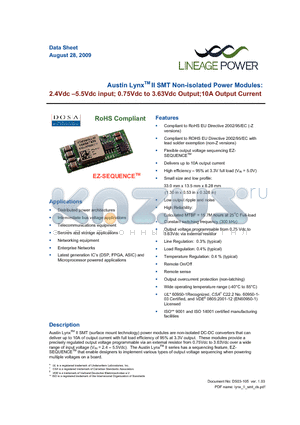 ATH010A0X3-SR datasheet - 2.4 - 5.5Vdc input; 0.75Vdc to 3.63Vdc Output; 10A output current