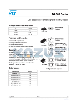 BAS69 datasheet - Low capacitance small signal Schottky diodes