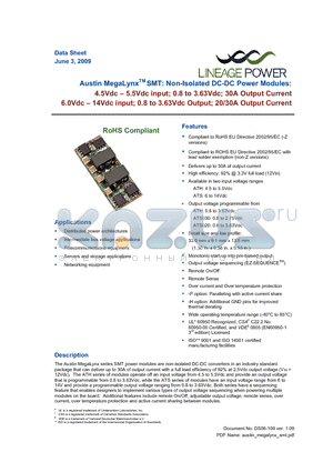 ATH030A0X3-SRH datasheet - 4.5 - 5.5Vdc input; 0.8 to 3.63Vdc Output; 30A output current, 6.0 - 14Vdc Input; 0.8Vdc to 3.63Vdc Output; 20/30A output