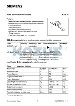 BAS70 datasheet - HiRel Silicon Schottky Diode (HiRel Discrete and Microwave Semiconductor General-purpose diodes for high-speed switching)