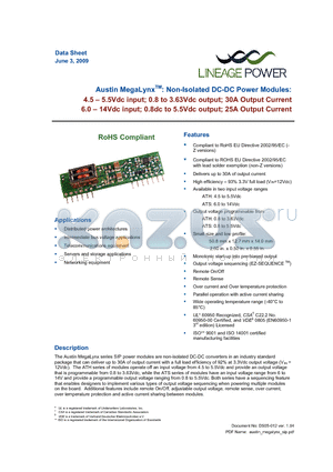 ATH030A0X3-P datasheet - 4.5 - 5.5Vdc input; 0.8 - 3.63Vdc output; 30A output current, 6.0 - 14Vdc input; 0.8 - 5.5Vdc output; 25A output current