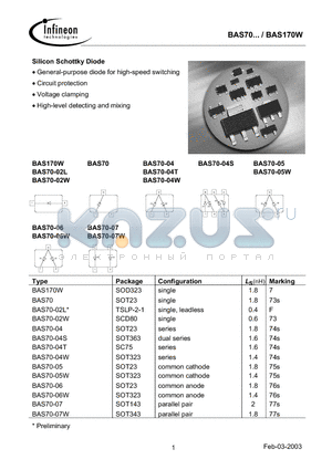 BAS70 datasheet - Silicon Schottky Diode