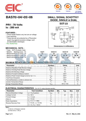 BAS70 datasheet - SMALL SIGNAL SCHOTTKY DIODE, SINGLE & DUAL