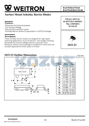 BAS70 datasheet - Surface Mount Schottky Barrier Diodes