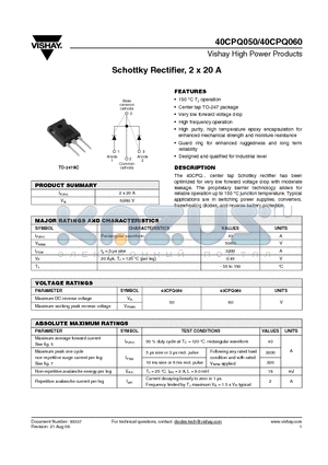 40CPQ050 datasheet - Schottky Rectifier, 2 x 20 A