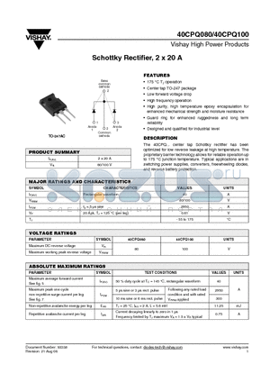 40CPQ080 datasheet - Schottky Rectifier, 2 x 20 A