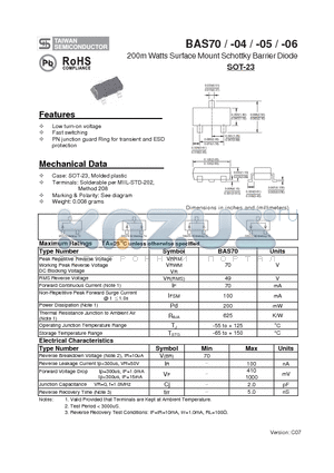 BAS70-04 datasheet - 200m Watts Surface Mount Schottky Barrier Diode