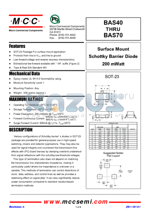 BAS70-04 datasheet - Surface Mount Schottky Barrier Diode 200 mWatt