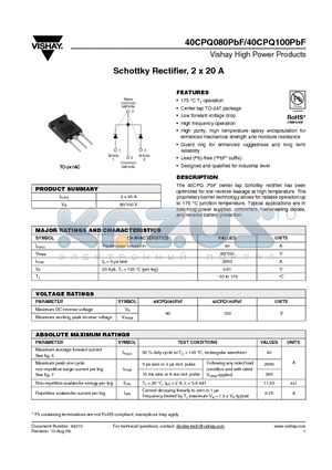 40CPQ100PBF datasheet - Schottky Rectifier, 2 x 20 A