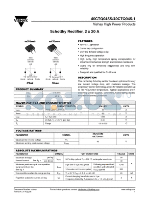40CTQ045-1 datasheet - Schottky Rectifier, 2 x 20 A
