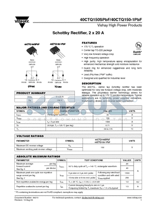 40CTQ150-1TRRPBF datasheet - Schottky Rectifier, 2 x 20 A