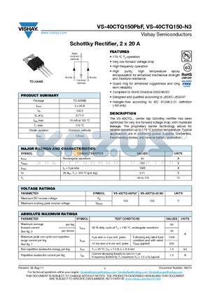 40CTQ150-N3 datasheet - Schottky Rectifier, 2 x 20 A