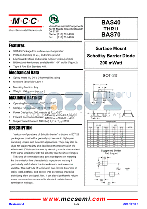 BAS70-05 datasheet - Surface Mount Schottky Barrier Diode 200 mWatt