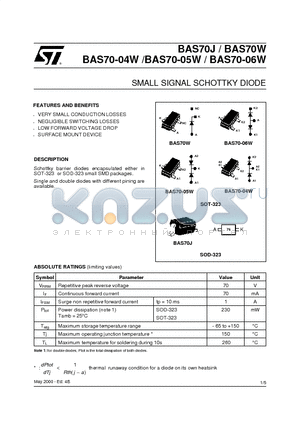 BAS70-05W datasheet - SMALL SIGNAL SCHOTTKY DIODE