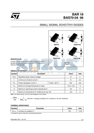 BAS70-06 datasheet - SMALL SIGNAL SCHOTTKY DIODES