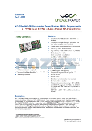 ATL010A0X43-SR datasheet - 9 - 18Vdc input; 0.75Vdc to 5.5Vdc Output; 10A output current