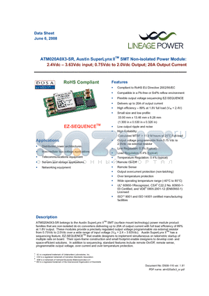 ATM020A0X3-SR datasheet - 2.4 - 3.63Vdc input; 0.75Vdc to 2.0Vdc Output; 20A output current
