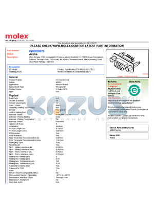 0482039073 datasheet - High Density, DDC Compatible D-Subminiature Shielded I/O PCB Female Receptacle, Vertical, Through Hole