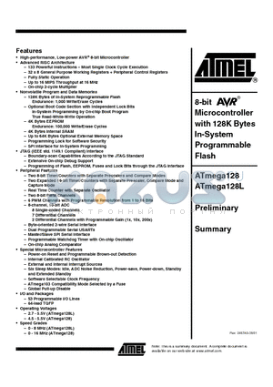 ATMEGA128 datasheet - 8-bit Microcontroller with 128K Bytes In-System Programmable Flash