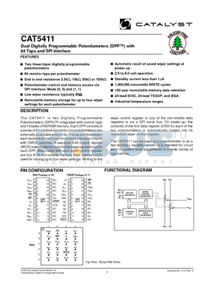 CAT5411UI-50-TE13 datasheet - Dual Digitally Programmable Potentiometers (DPP) with 64 Taps and SPI Interface