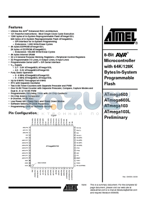 ATMEGA103L-4AI datasheet - 8-Bit Microcontroller with 64K/128K Bytes In-System Programmable Flash