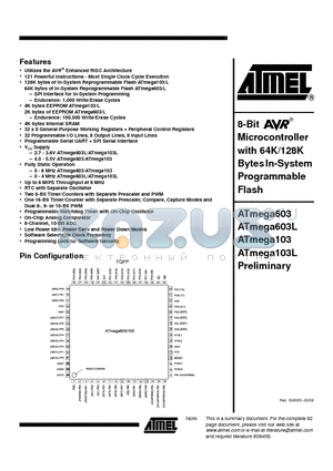 ATMEGA103-6AI datasheet - 8-Bit Microcontroller with 64K/128K Bytes In-System Programmable Flash