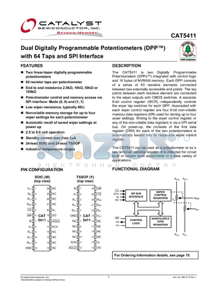 CAT5411WI-10 datasheet - Dual Digitally Programmable Potentiometers (DPP) with 64 Taps and SPI Interface