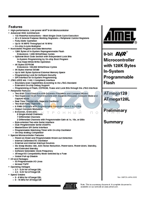 ATMEGA128-16AI datasheet - 8-bit Microcontroller with 128K Bytes In-System Programmable Flash