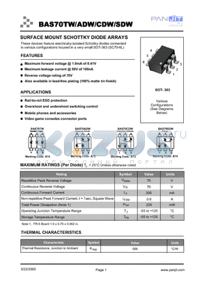 BAS70SDW datasheet - SURFACE MOUNT SCHOTTKY DIODE ARRAYS