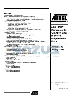 ATMEGA103L-4AI datasheet - 8-bit Microcontroller with 128K Bytes In-System Programmable Flash