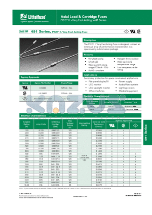 0491003.HAT1 datasheet - Axial Lead & Cartridge Fuses PICO^ ll > Very Fast-Acting > 491 Series