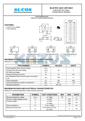 BAS70T datasheet - Schottky Barrier Rectifiers