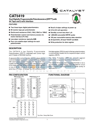 CAT5419 datasheet - Dual Digitally Programmable Potentiometers (DPP) with 64 Taps and 2-wire Interface