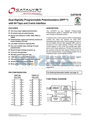 CAT5419WI-00 datasheet - Dual Digitally Programmable Potentiometers (DPP) with 64 Taps and 2-wire Interface