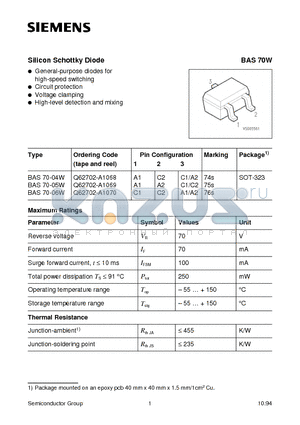 BAS70W datasheet - Silicon Schottky Diode (General-purpose diodes for high-speed switching Circuit protection Voltage clamping)